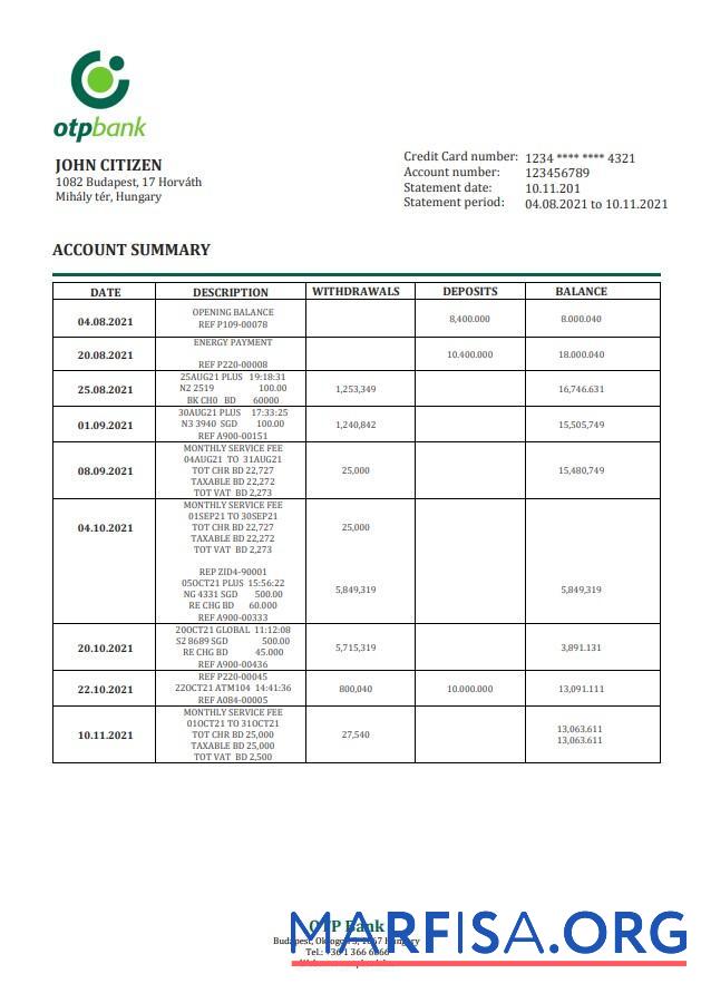 Downloadable Hungary OTP bank statement word download for verification